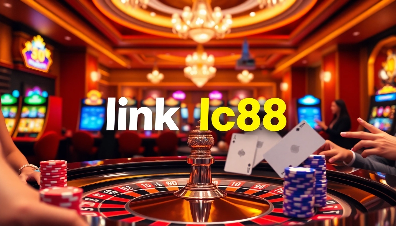 Experience the thrill of gambling with link lc88 at a luxurious casino featuring roulette tables and slot machines.