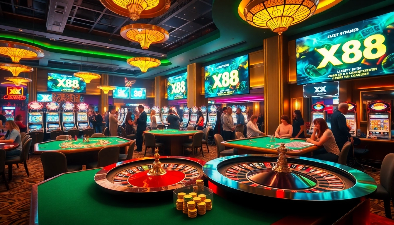 Engaged players enjoying tabletop games and slot machines at XX 88 casino.