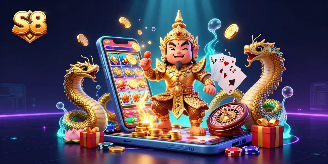 S8 offers an exciting online casino experience with a vibrant slot game showcased by playful characters.