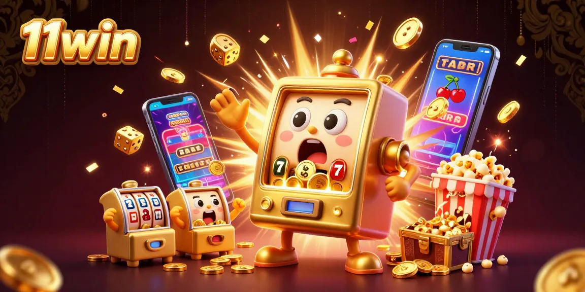 11win's slot machine celebrates a jackpot with coins and vibrant casino elements in a lively 3D scene.