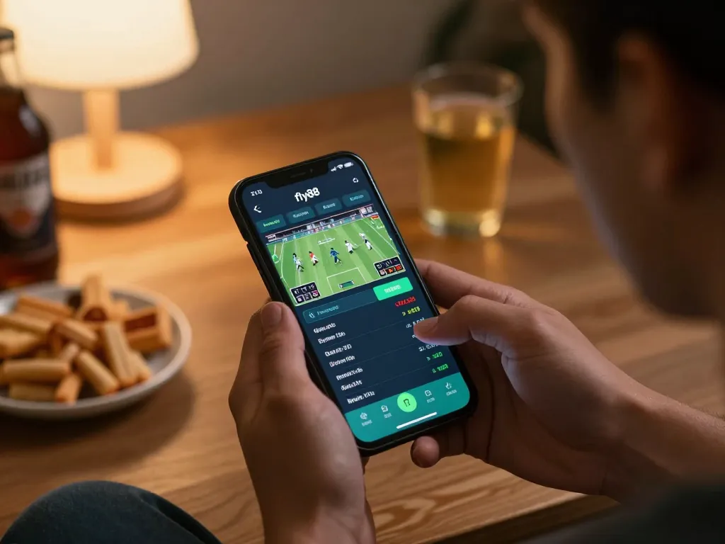 Person using the fly88 mobile app to place a bet, showcasing live sports odds in a cozy setting.