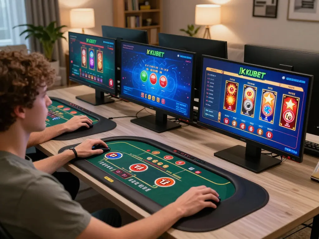 KUBET player engaging in strategic online gaming session at a stylish home setup