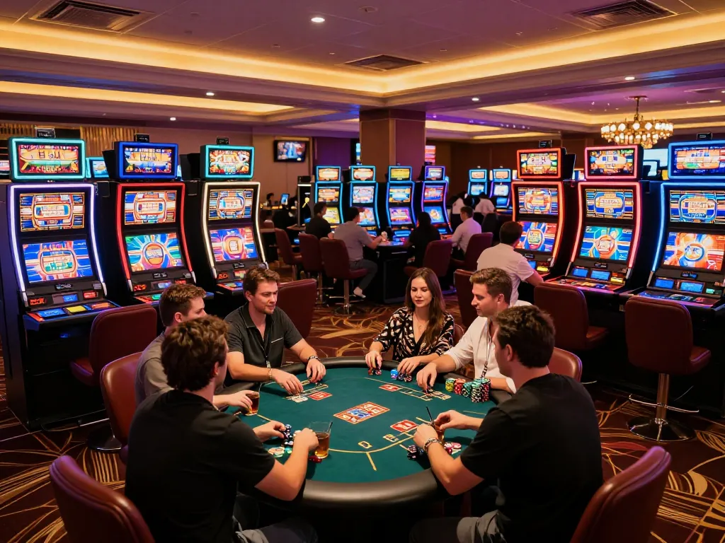 Surebetsg players enjoying vibrant casino gaming scene with slots and poker tables