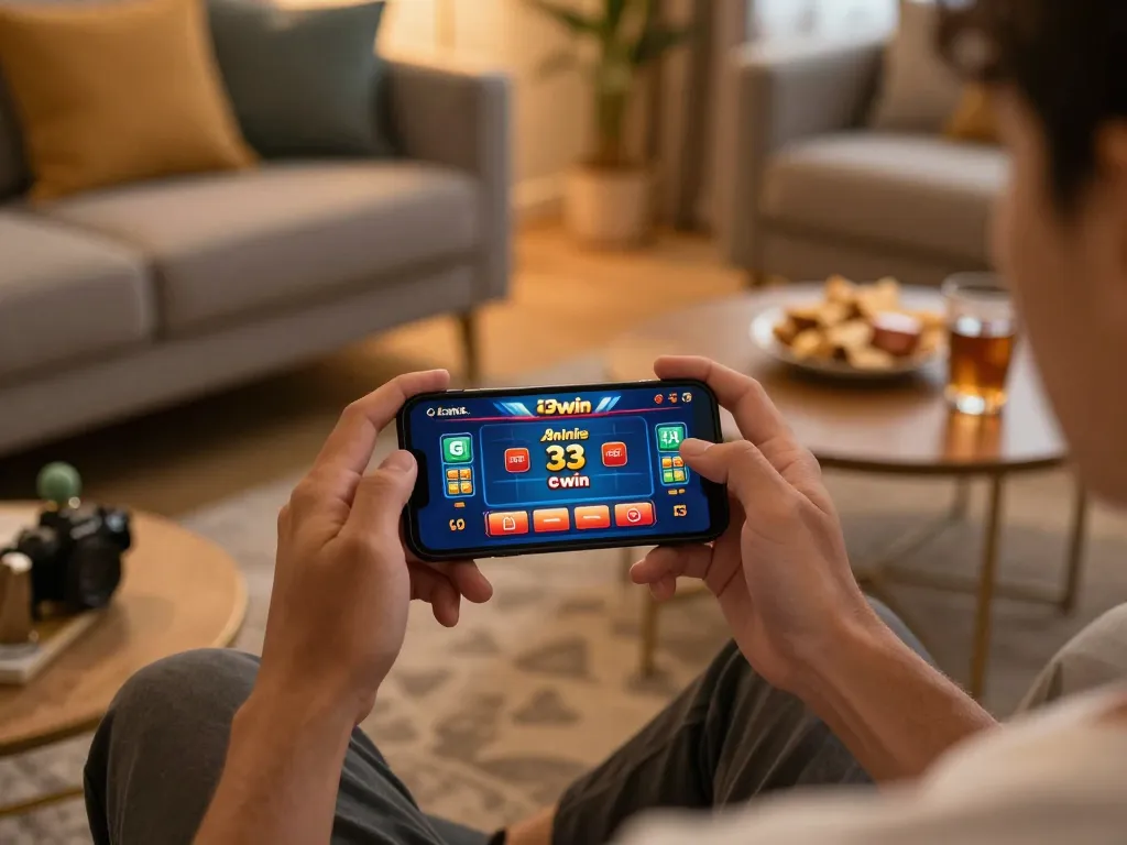 Engaging in online gambling using the link vào 33win app on a smartphone in a cozy home setting