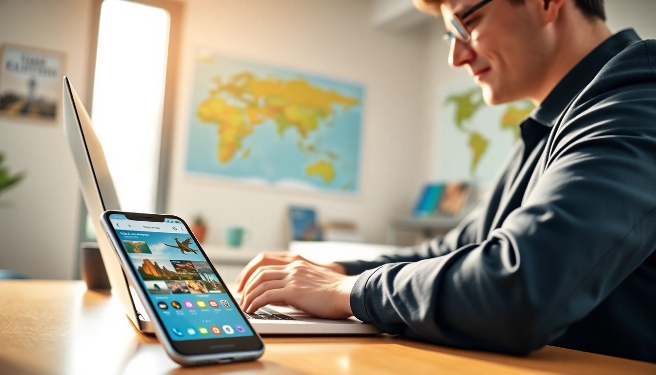 Completing a uk eta online application on a laptop in a bright office with travel elements.