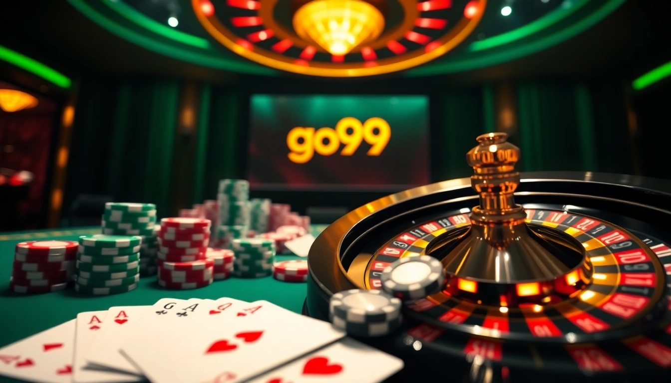 Experience the excitement of go99 with high-stakes poker chips and a vibrant roulette wheel in a modern casino.