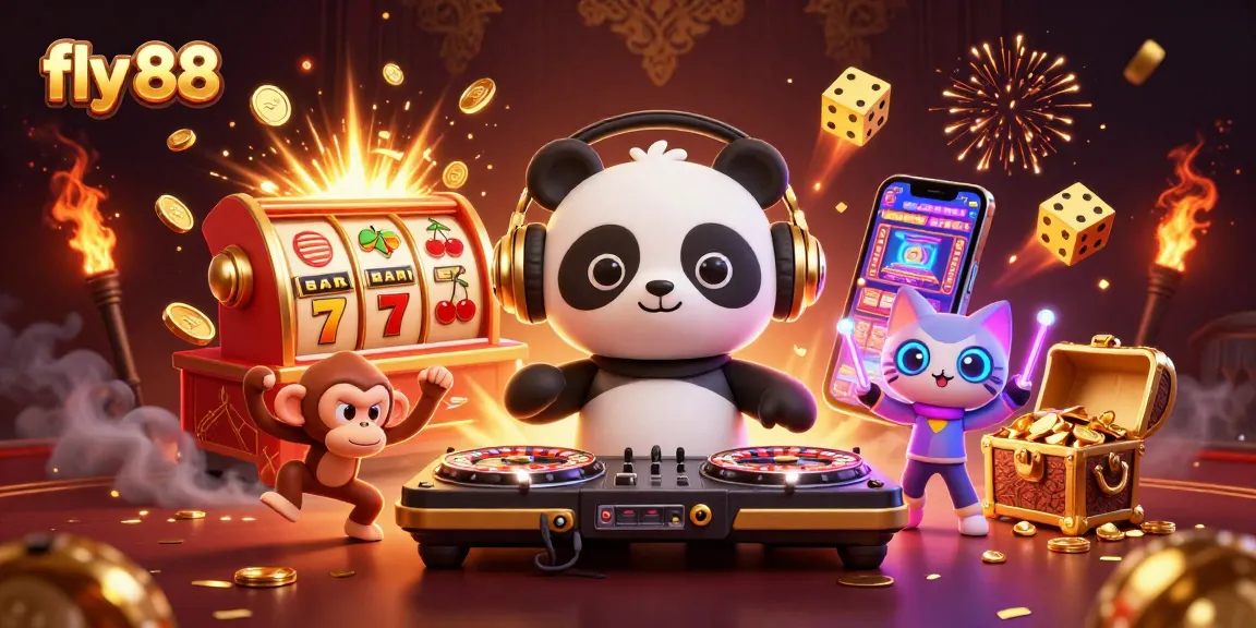 Experience the excitement of fly 88 with vibrant casino scenes full of spinning slots and dancing characters.
