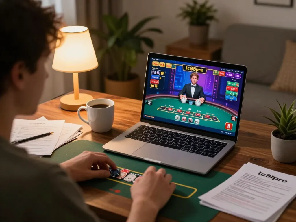 Engaged player managing strategy while playing blackjack at home using lc88pro.
