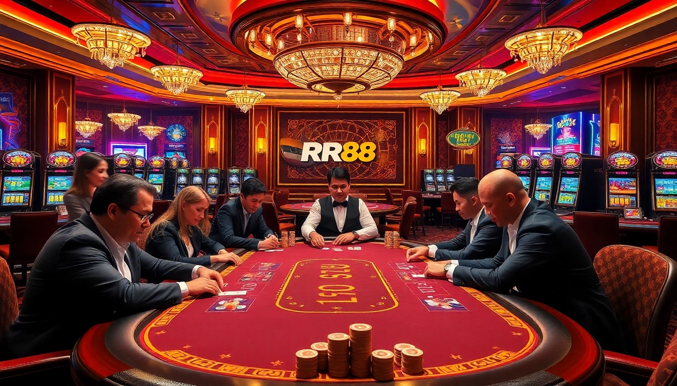 Experience the luxury of rr88 chính thức in a vibrant casino poker scene featuring intense gameplay and opulent décor.
