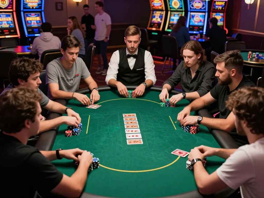 A thrilling poker game at LUCK 8 Casino, showcasing players in action and strategic gameplay.