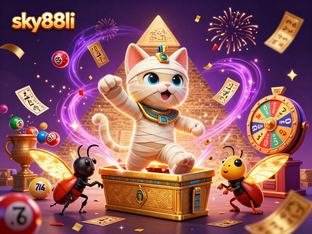 Engage with the exhilarating games at sky88li's dynamic pyramid casino with a mummy cat and scarab beetle.
