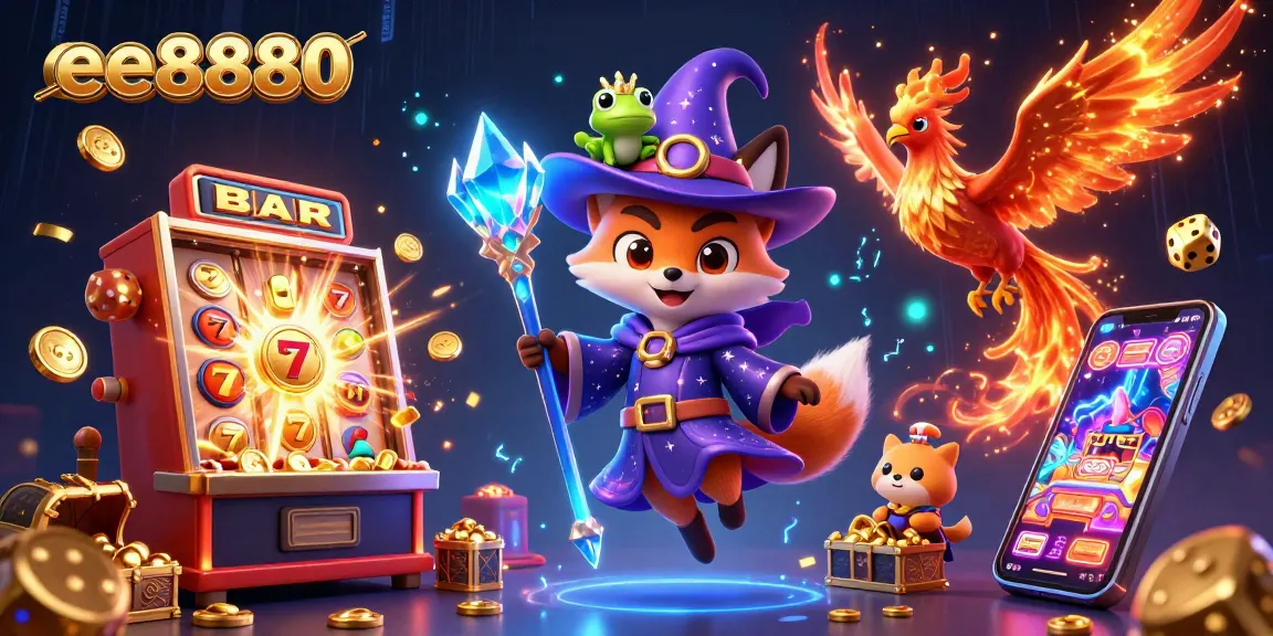 Spin the reels with ee8880, a magical wizard fox and phoenix amidst a jackpot explosion!