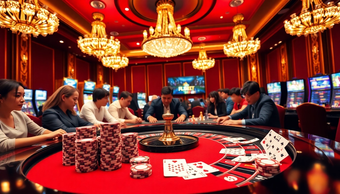 Engaged players strategizing wins with poker chips at 89BET's luxurious casino.