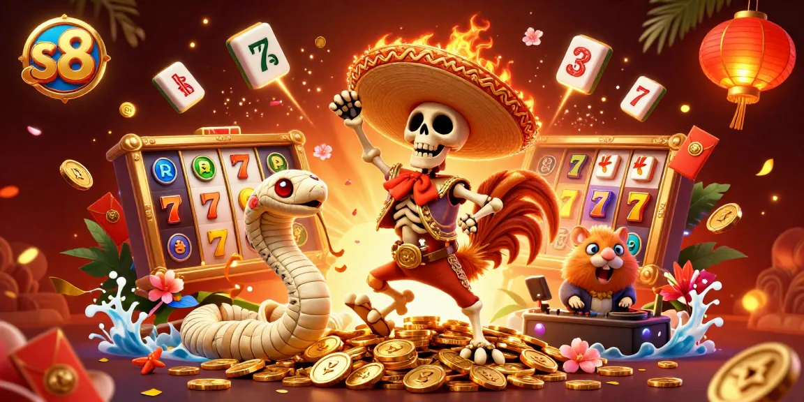 Experience the thrill of slots with s8's vibrant gaming scene featuring a winning rooster amidst celebratory elements.