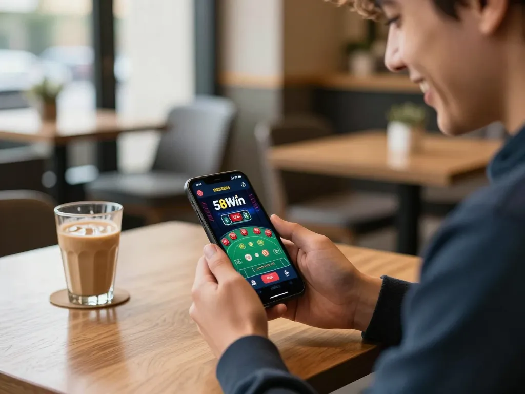 Engaging with the 58Win casino app at a cozy café while enjoying a live dealer game.