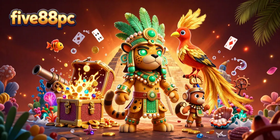 Experience vibrant gaming action with five88pc's dynamic 3D casino scene featuring the Mayan priest and treasures.