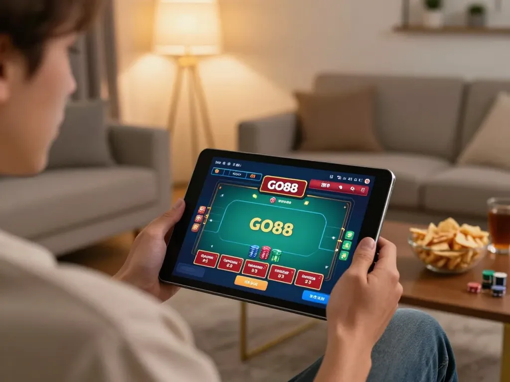 Enjoying GO88 online gaming on a tablet in a cozy living room setup.