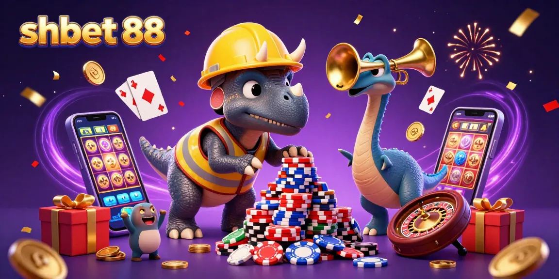Experience the fun of shbet 88 with a triceratops building poker chips amidst gaming excitement.