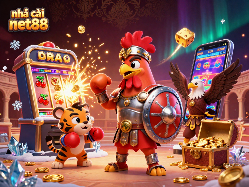 Spin slots and win big at nhà cái net88 with 3D characters in a vibrant casino illustration