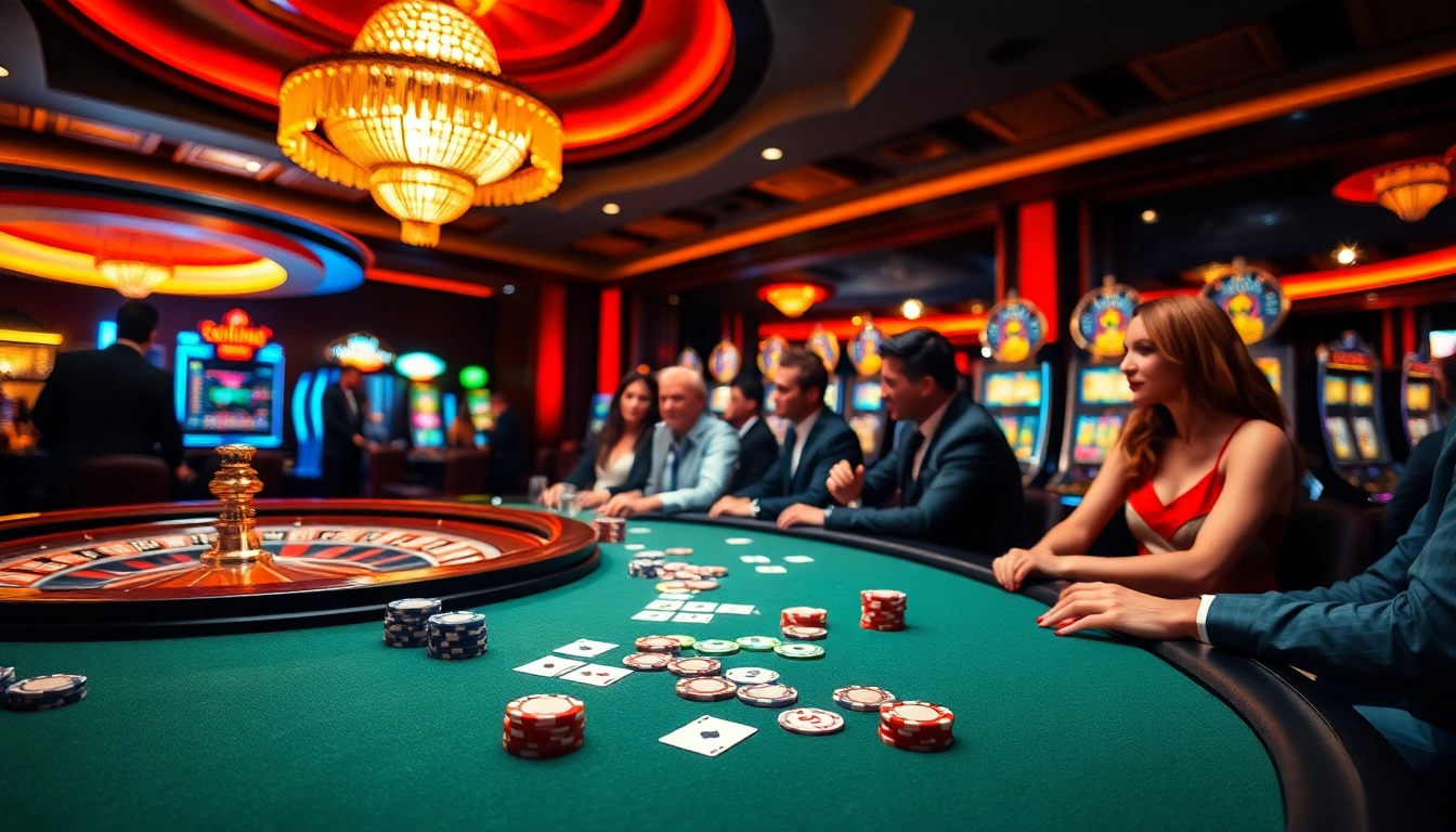 Players enjoying a thrilling poker game at https://8xbetsports.com in a vibrant casino setting.