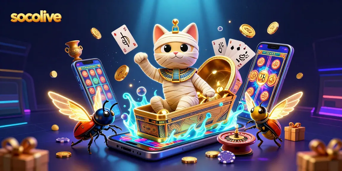 Socolive brings excitement to the gaming world with a vibrant mummy cat and golden scarab in a captivating tableau.