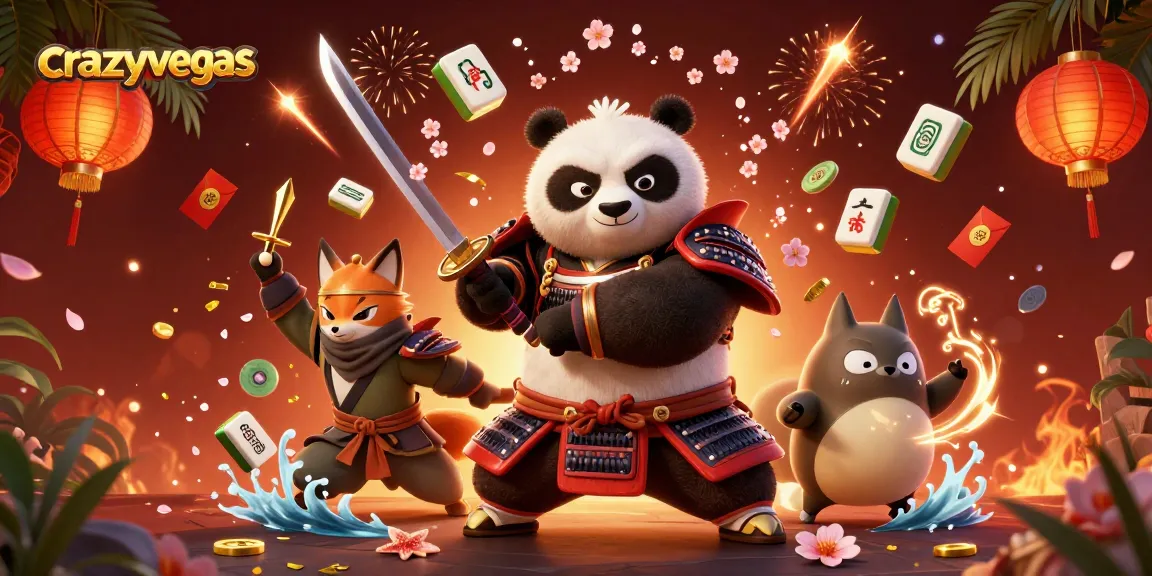 Crazyvegas showcases a fierce samurai panda amidst vibrant casino elements, highlighting high-stakes excitement.