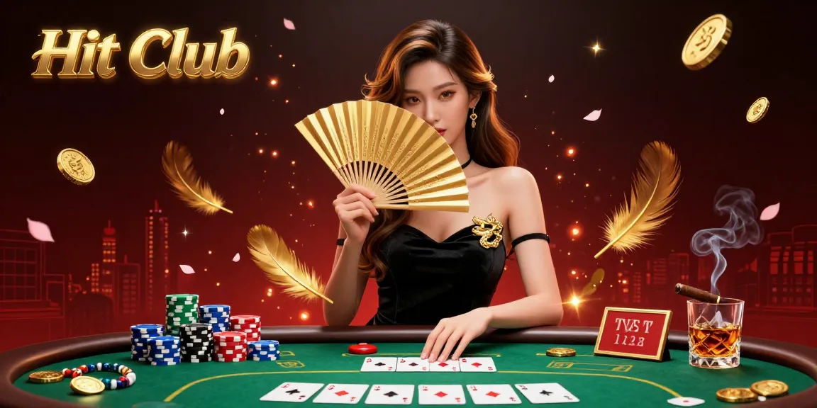 Hit Club illustration showcasing a stunning Asian woman amidst vibrant poker elements and a luxurious casino background.
