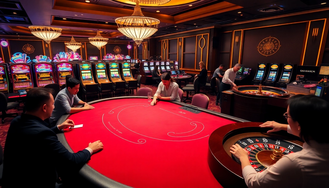 Players enjoying a thrilling poker game at XX88 with vibrant slot machines in the background.