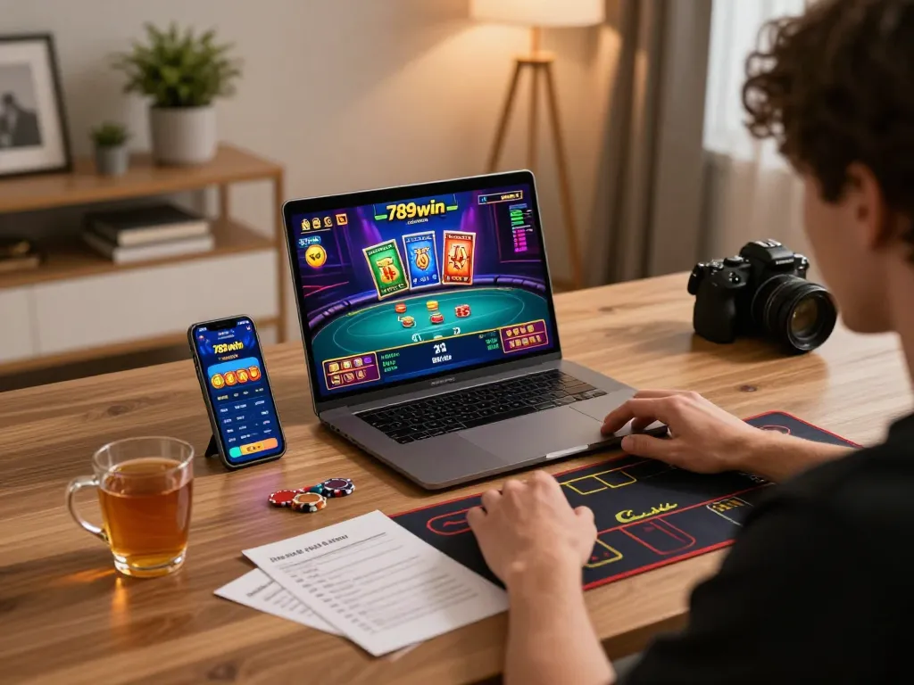 Engaged player experiencing an intense game 789win on laptop, showcasing a strategic gaming setup.
