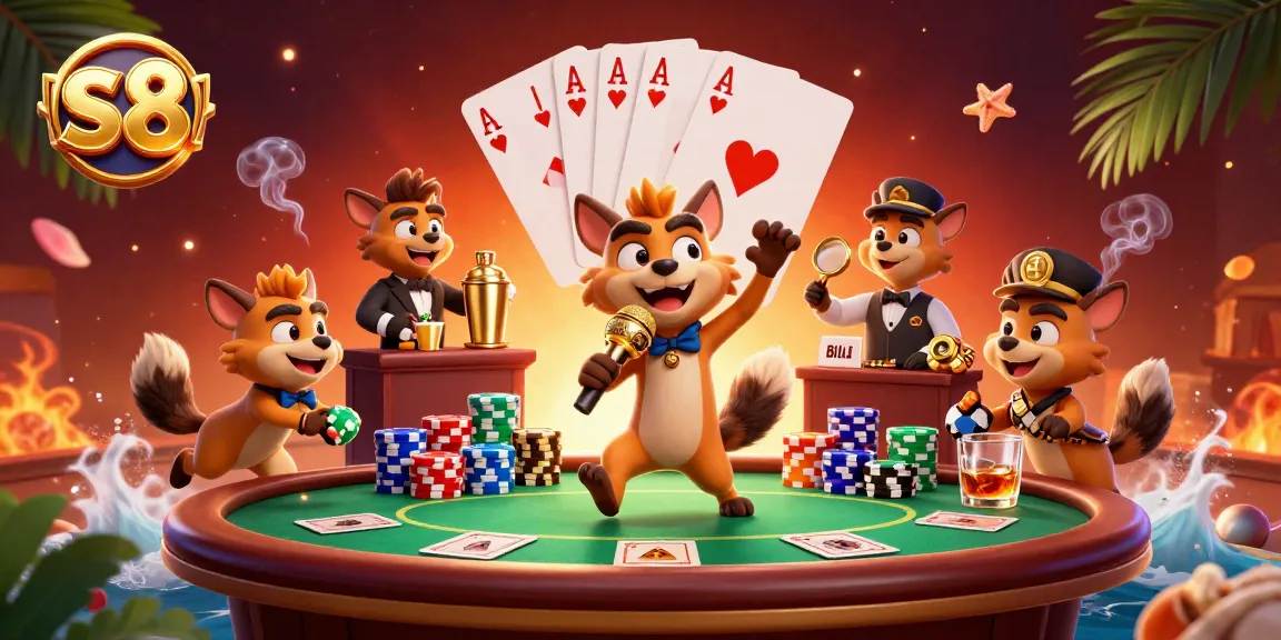 S8 casino club scene featuring a comedian hyena, bartender, and bouncer amongst poker games and vibrant decor.