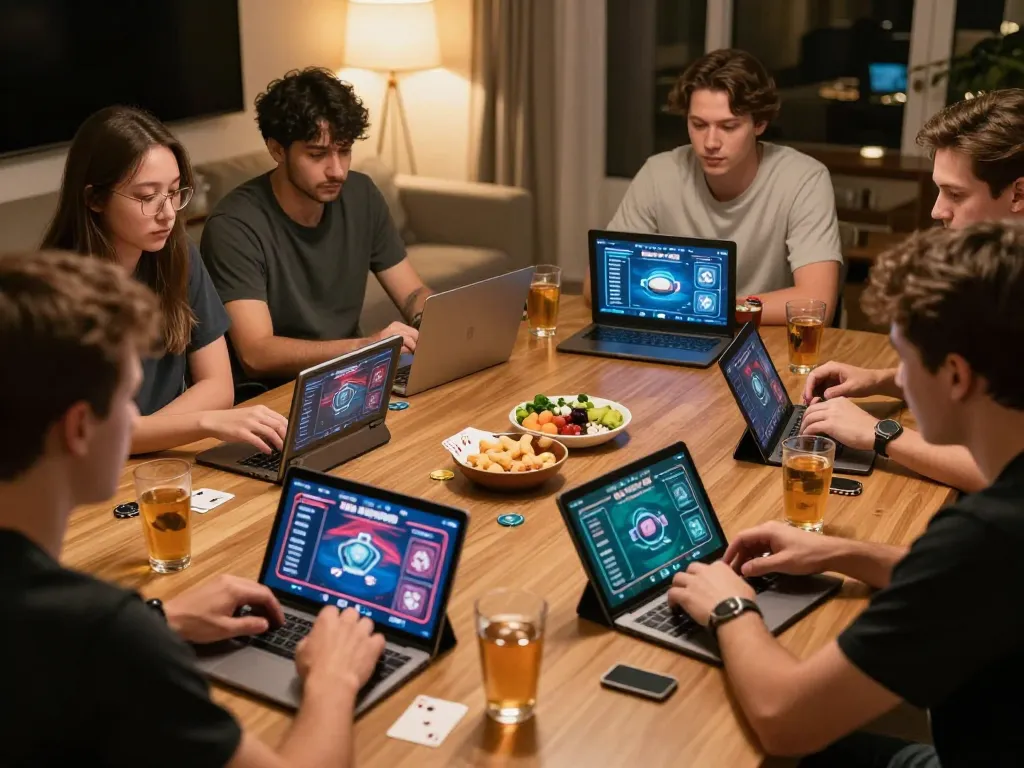 Players strategizing online poker on new88blog in a cozy home setting