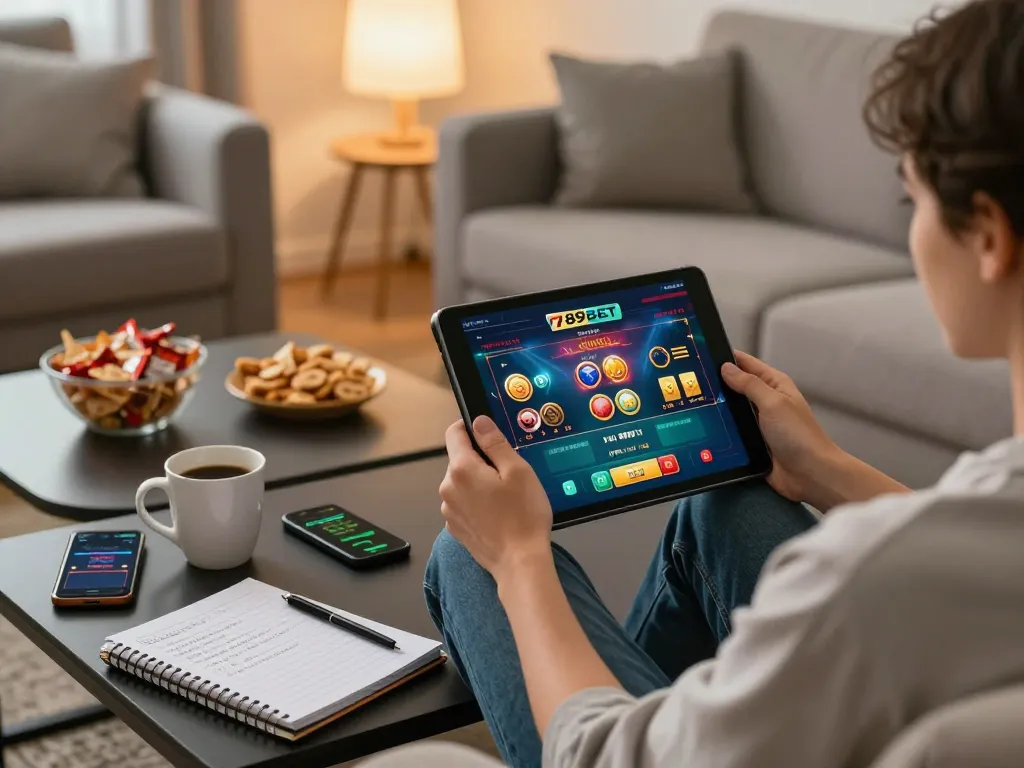 Engaged user playing online games on 789BET platform at home, showcasing interactive and strategic gaming.