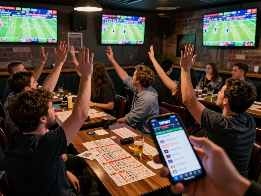 Excited patrons celebrating a winning bet using the TOPBET app in a lively sports betting environment.