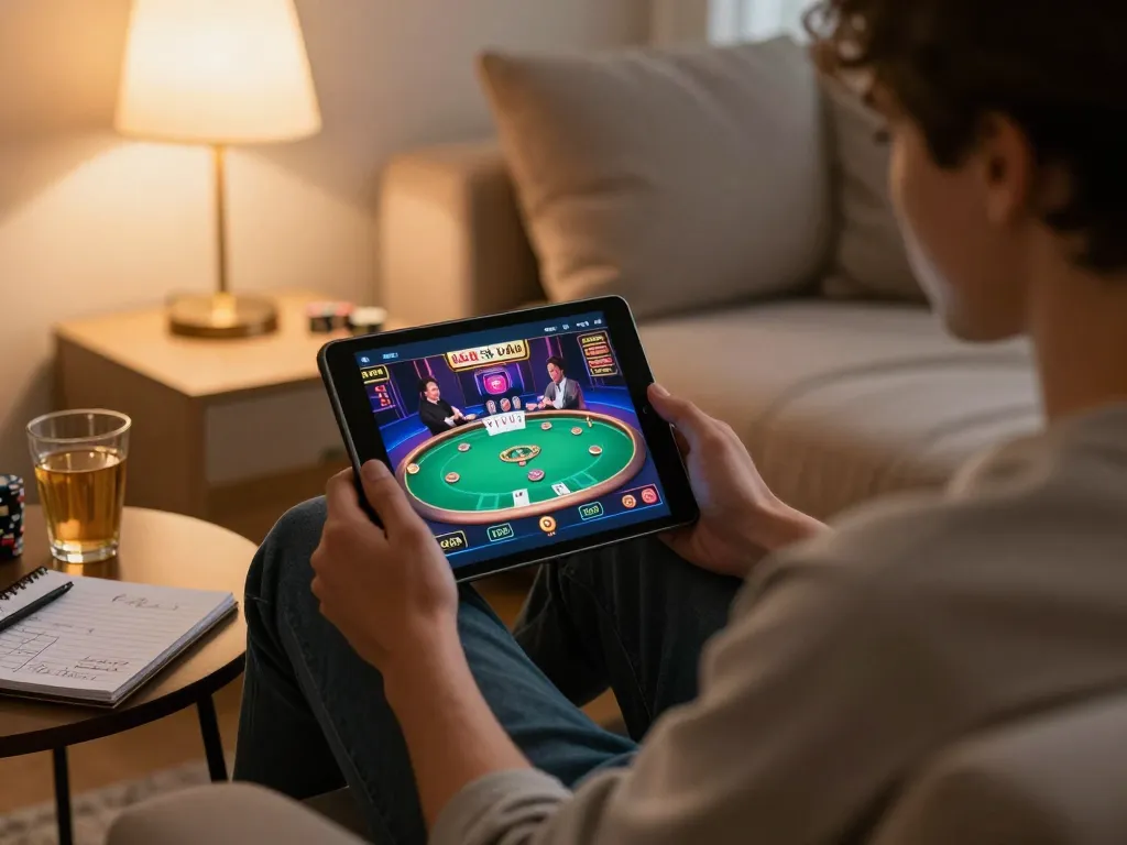 Players engaging in online casino gaming with 13win app on tablet, showcasing strategic gameplay.