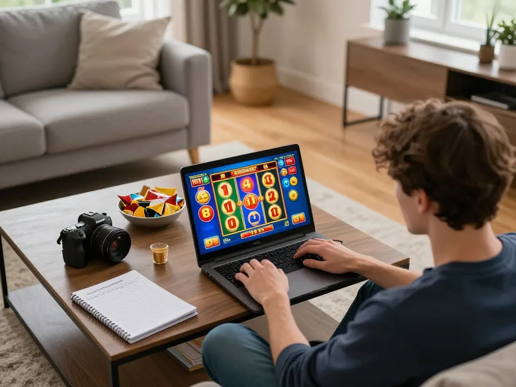 Player enjoying slots at home on ALO8 casino platform on laptop with vibrant visuals and cozy setting