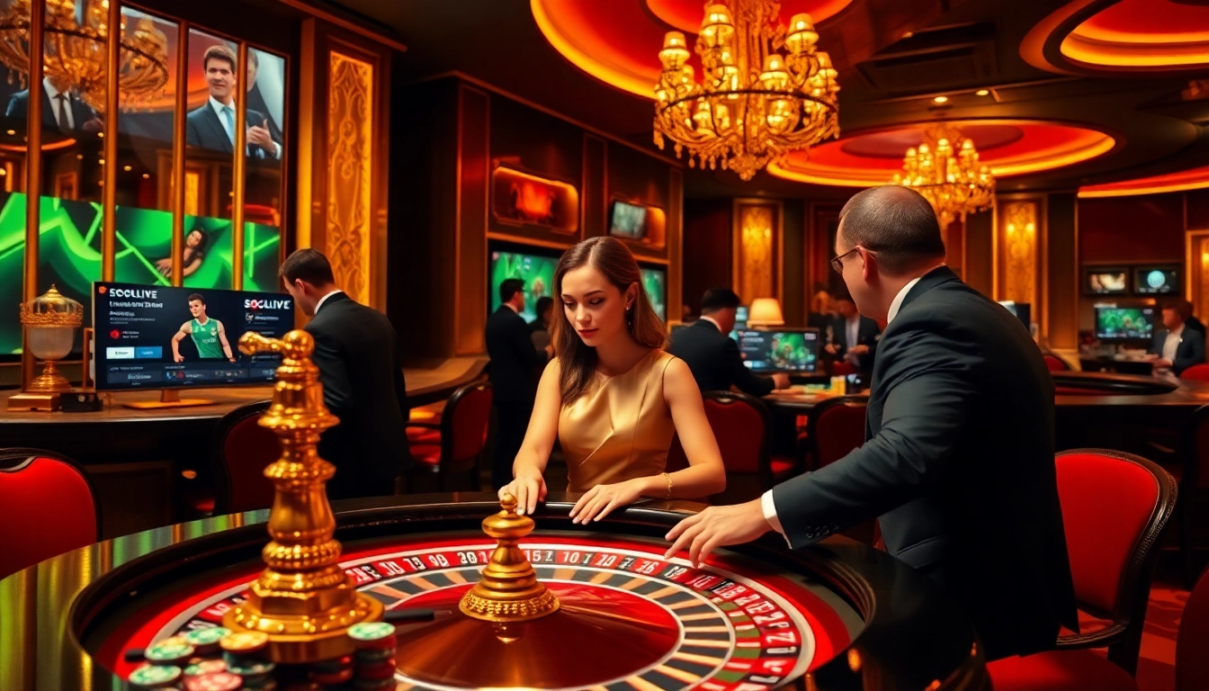 Socolive interface displaying live betting options with an elegant casino scene featuring players at roulette tables.