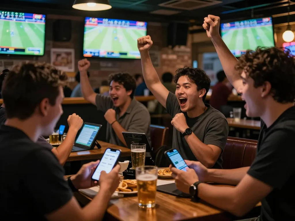 Kong88 app in action as sports bettors cheer for their teams at a lively bar.