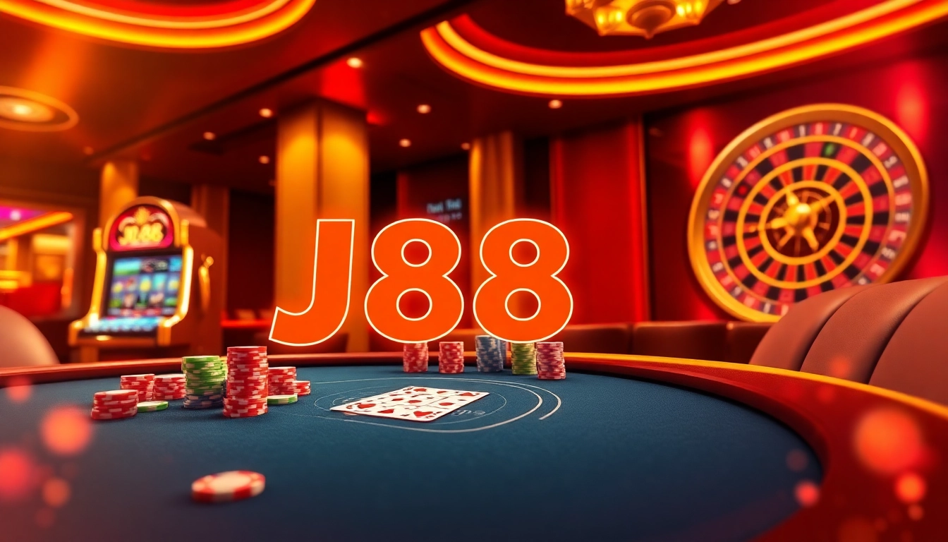 Experience the thrill of J88 gambling at a vibrant casino table with cards and chips.
