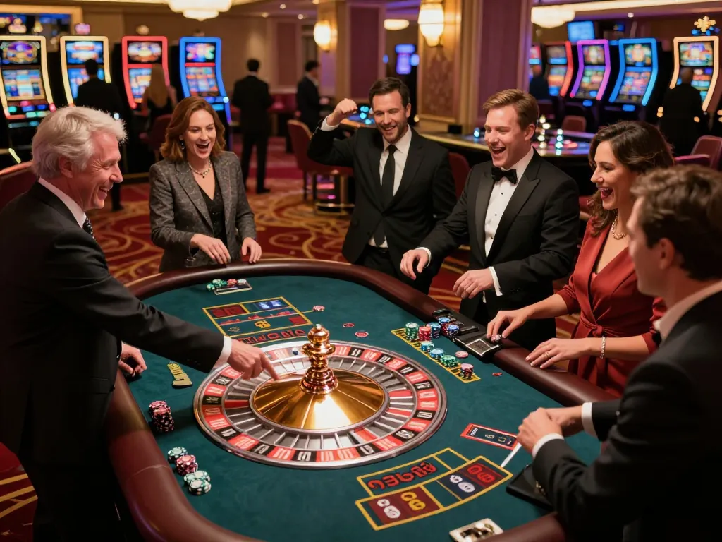 Fly88 players engaged in an exhilarating roulette game at a vibrant casino floor