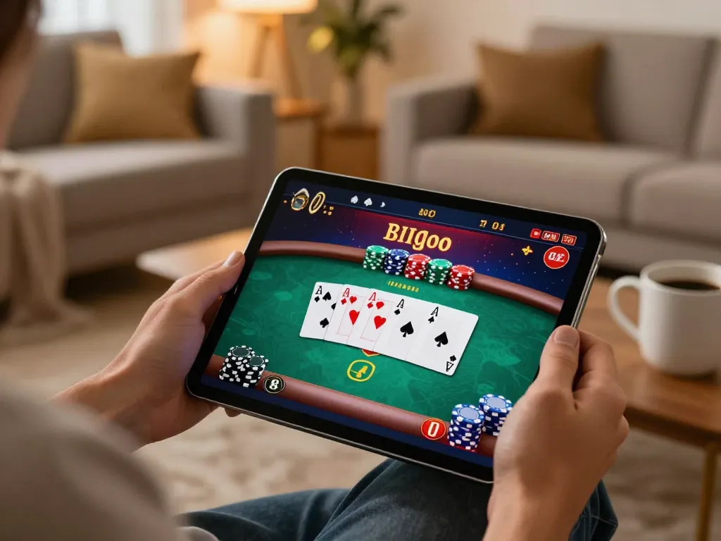 manclub players enjoying an online poker game on tablet in a cozy home setting