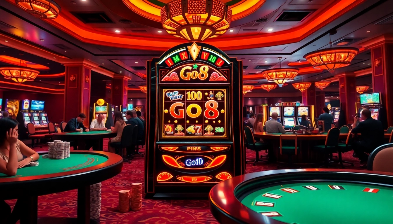 Experience the excitement of Go8 at the vibrant casino slot machine, surrounded by wealthy players and poker tables.