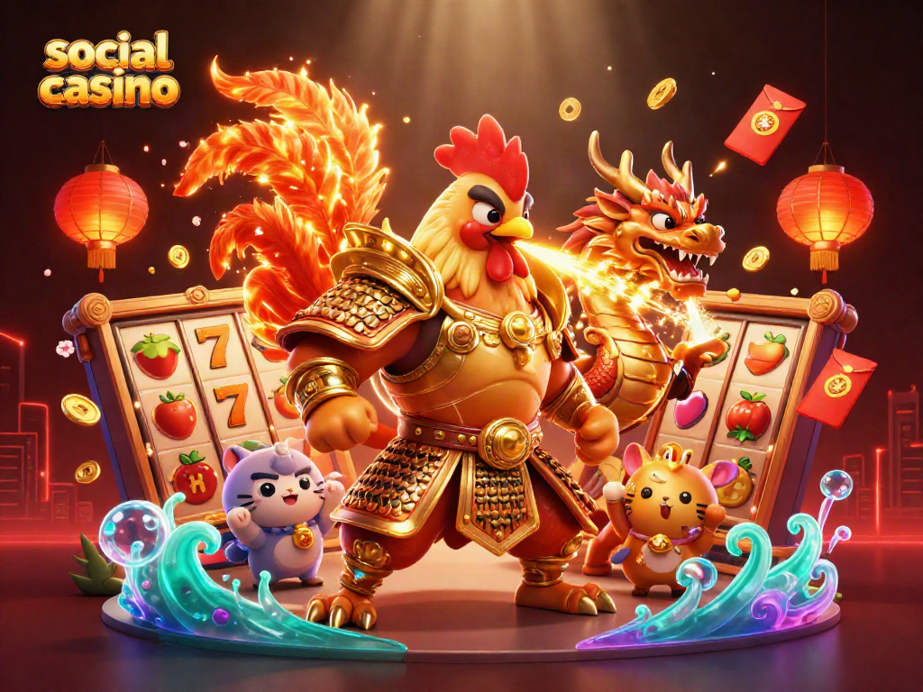 The social casino showcases a warrior rooster beside a dragon, celebrating in a vibrant, detailed gaming illustration.
