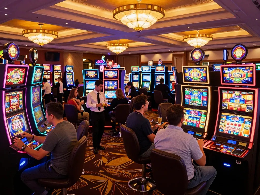 Players enjoy exciting slot games at sc88k casino, surrounded by vibrant neon lights and lively atmosphere.