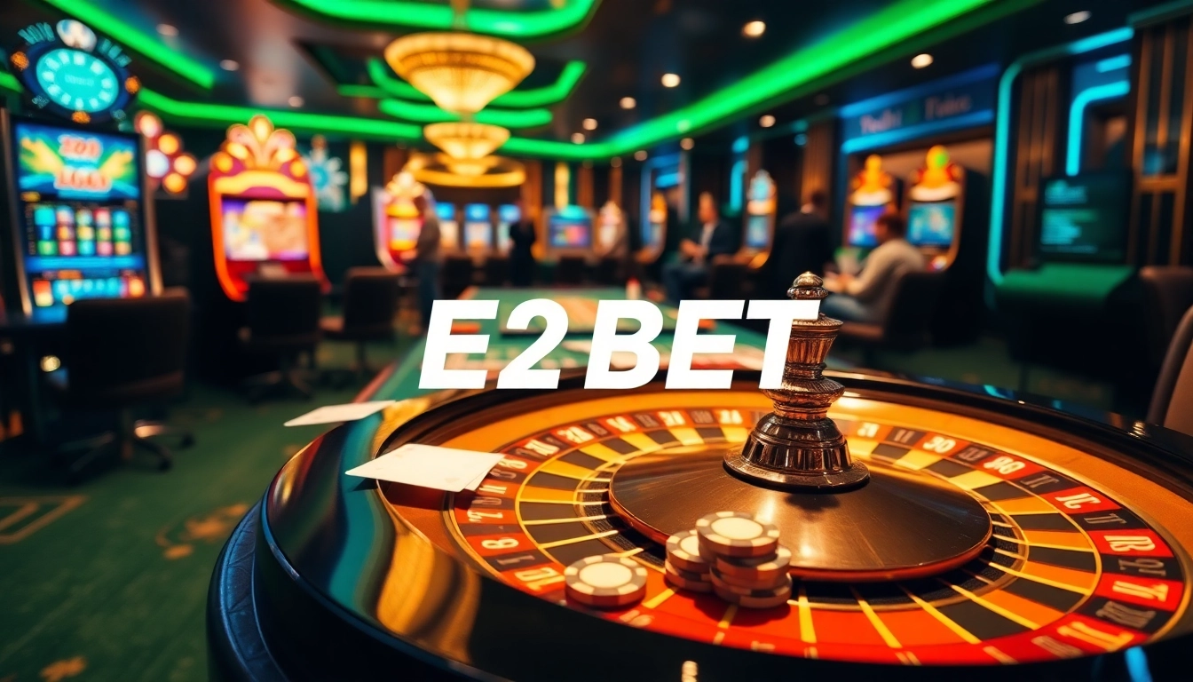 Experience the excitement of high-stake games with E2 BET in a luxurious casino setting, featuring roulette and vibrant slot machines.