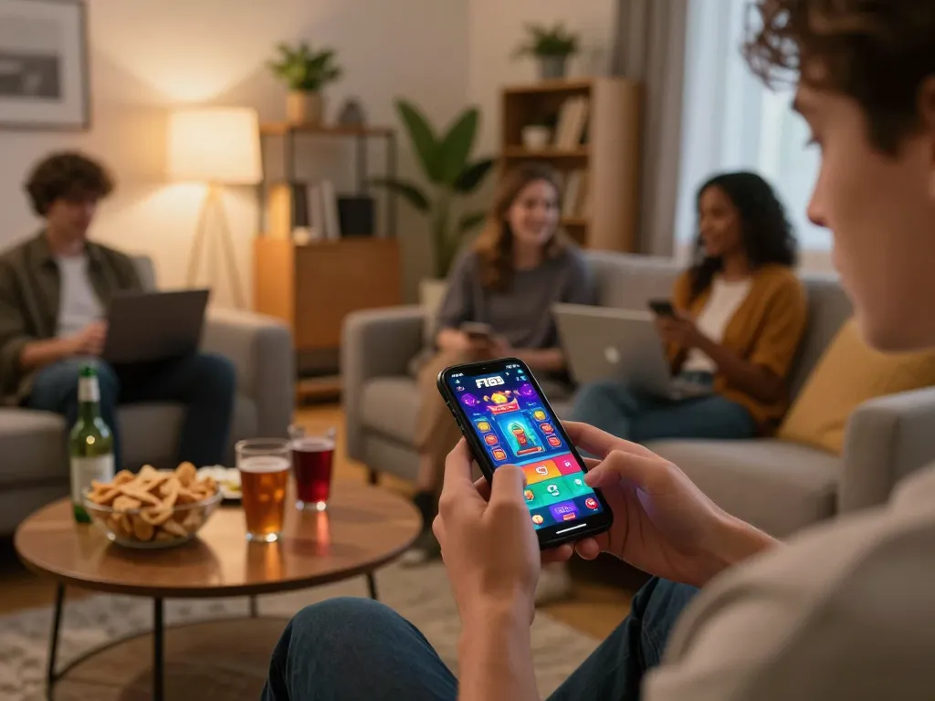 Player using F168 app on smartphone in cozy home setting, enjoying online casino gaming