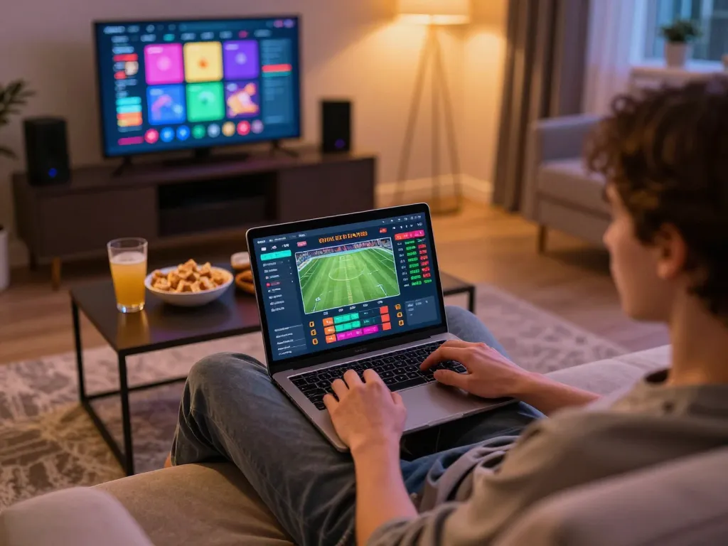 Engaging in sports betting online at https://98win9.co.com/ with an interactive setup showcasing live odds.