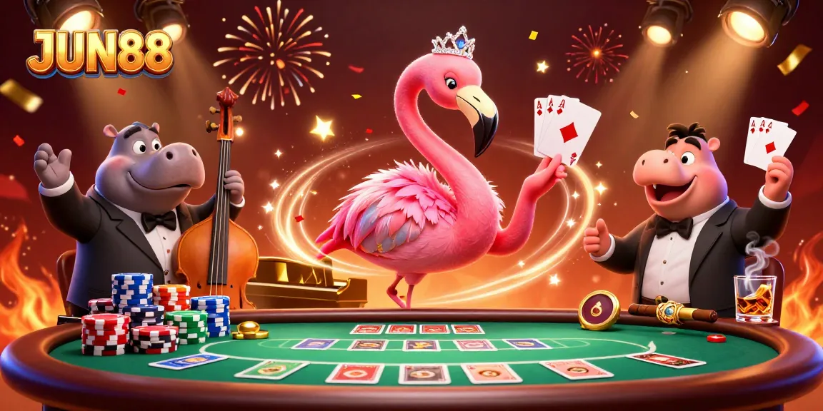 Experience thrilling moments with JUN88's lively casino scene featuring vibrant characters and poker action.