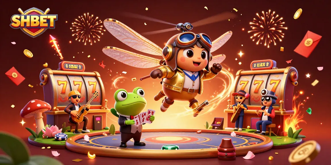 Engage with exciting SHBET casino games through a vibrant 3D illustration filled with action.