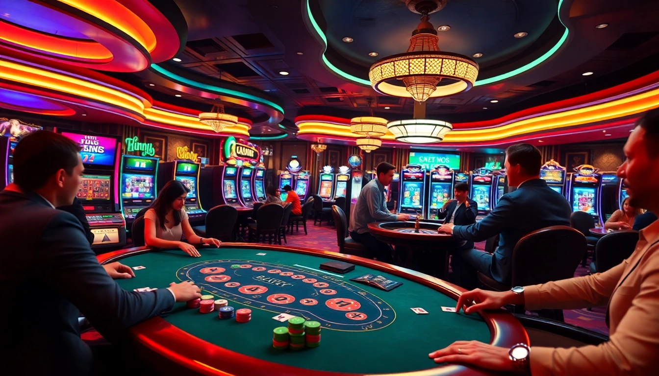 Bay789 players enjoying a vibrant casino scene with poker and slot machines.
