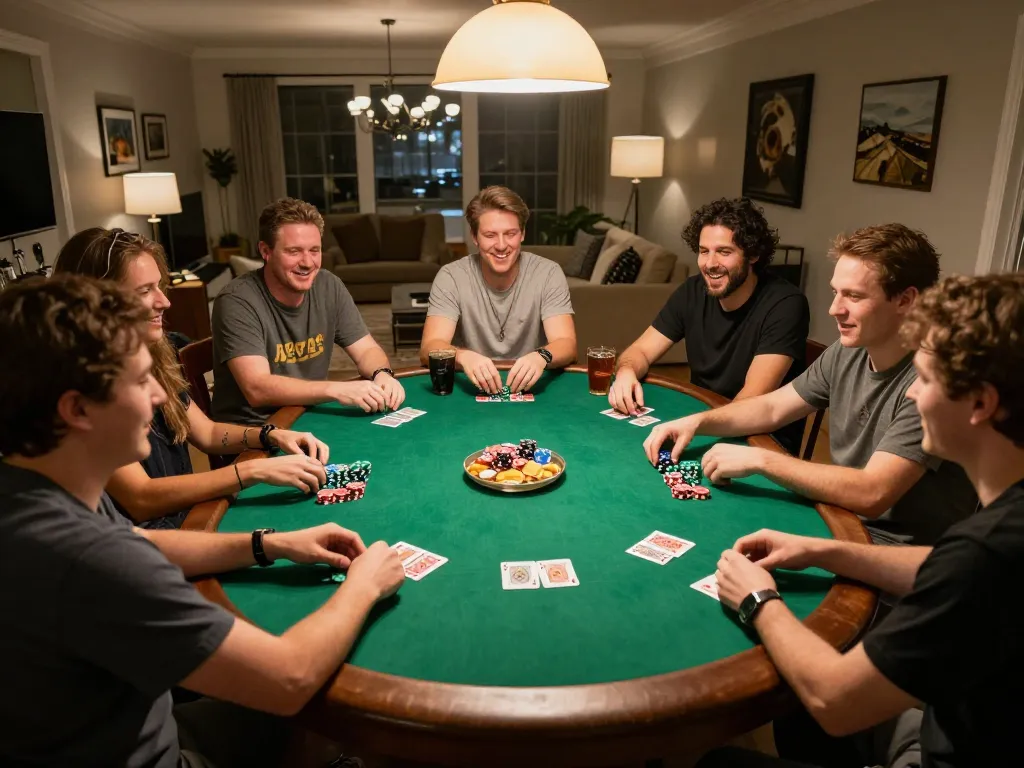 Friends enjoy an exciting home poker night at a table, enhancing their Go999 gaming experience.